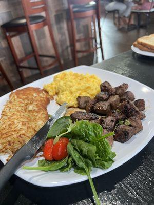 Steak tips and eggs