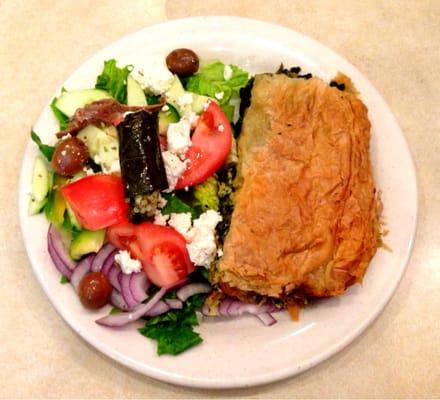 Spanakopita: spinach and feta pastry served with Greek salad.