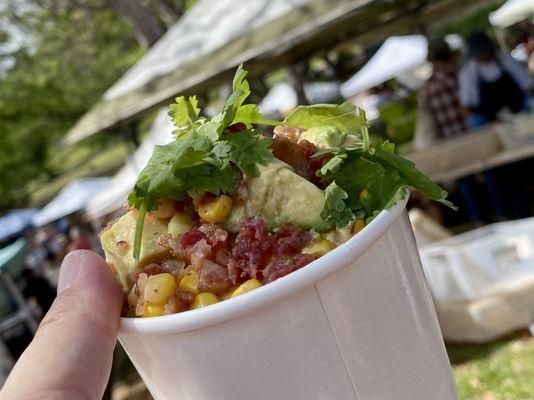 Avocado bacon elote cup at KCC farmers market