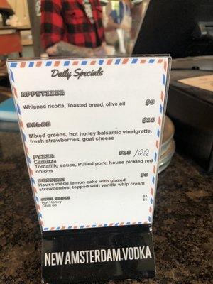 Daily specials menu