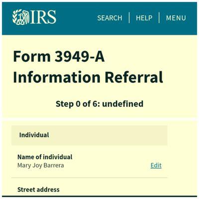 IRS Form 3949-A "Tax law violations" filed against Mary Joy Barrera & Arriba Juntos.