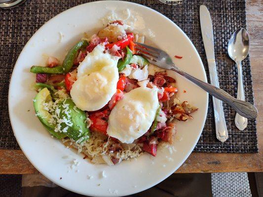 Corned beef hash with poached eggs