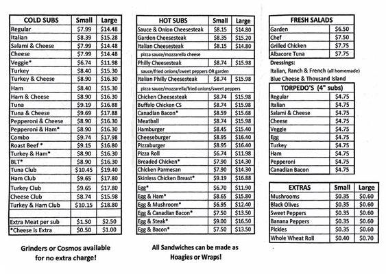 Dor-Day's Sub Shop menu