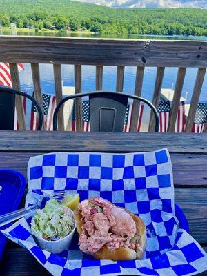 "Cold" Lobster Roll with coleslaw. Upper Deck seating view.