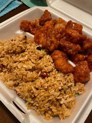 Plate order of orange chicken with fried rice