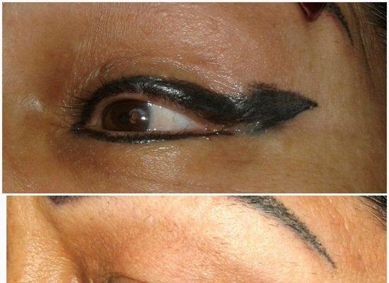 Eyeliner and part of the eyebrow.  As you can see the eyeliner looks like it was done by a kid.