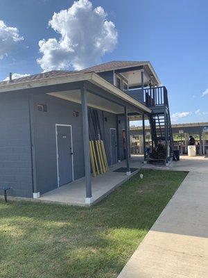 Outdoor restrooms so you don't miss the action! But they do have indoor restrooms too!