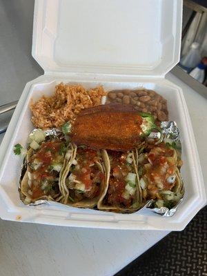 Sampler Plate  - 4 Tacos (1 each meat) - Rice and Beans - Stuffed Jalapeño Popper