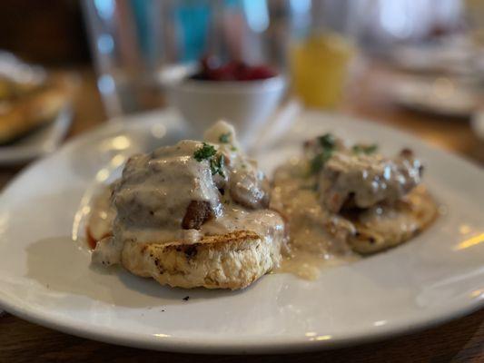 Chicken and biscuits brunch with fruit