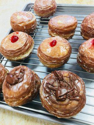 Chocolate, raspberry, cream cheeses, custard filled cronuts(fried croissants)