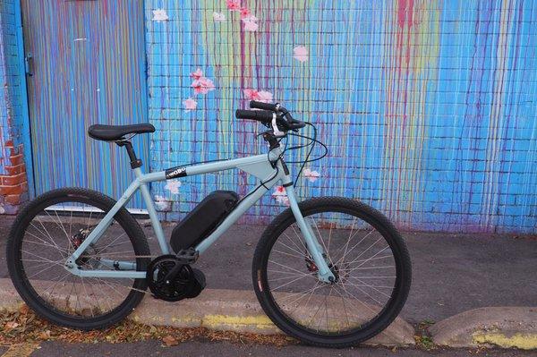 Single speed SWOBO in baby blue w/ 750 watt mid-drive!