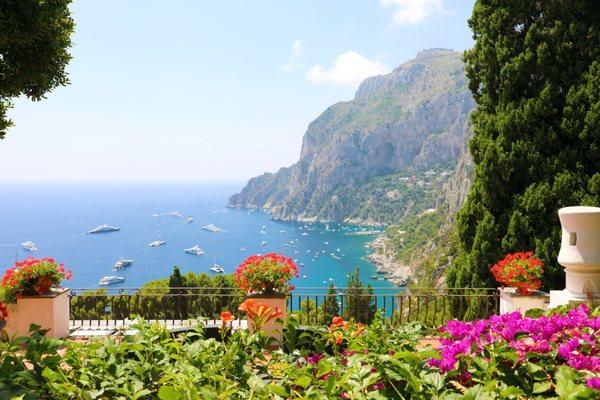 Amazing Capri balcony view on bay, Amalfi Coast, Campania, Italy.