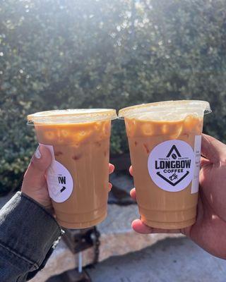 Butter beer latte (left) and pecan latte (right)