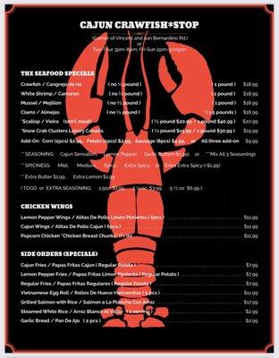 Newly updated menu with Snow Crab
Clusters Luxury from Canada.