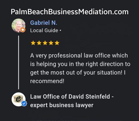 Outstanding 5 Star client review for business and real estate disputes mediator David Steinfeld www.PalmBeachBusinessMediation.com