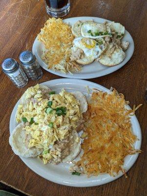 Biscuits with chorizo gravy, eggs, and hash browns.