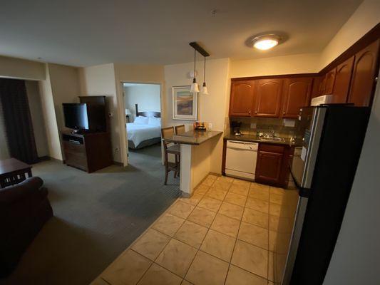 One side of our suite for one night with pets! (7/31/22)... each bedroom has a separate bathroom