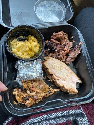 Smoked turkey, smoked brisket, pulled pork, mac and cheese, and corn bread