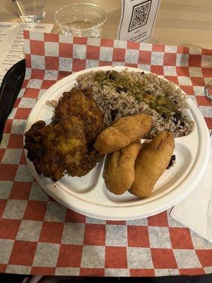 Fried Chicken, rice and peas, festival