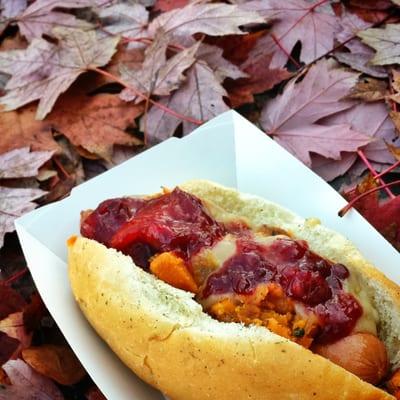 The Gobbler Dog from Culinary Twists. Stuffing flavored bun, sweet potato hash, turkey gravy, and cranberry relish.