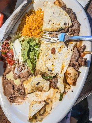 Beef fajita quesadilla with added shrimp.