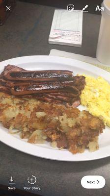 Breakfast platter: Hot Beef Sausage, Scrambled Eggs, Homefries deliciously amazing