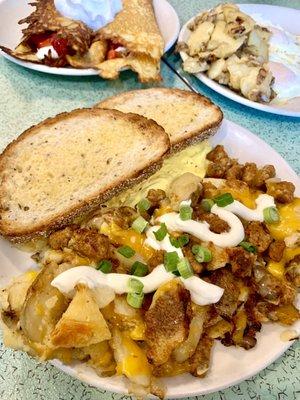 Chorizo Hash with Scrambled Eggs and Rye Bread