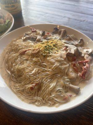 The creamy noodle gluten free dish #yum sun dried tomatoes mushrooms love sauce