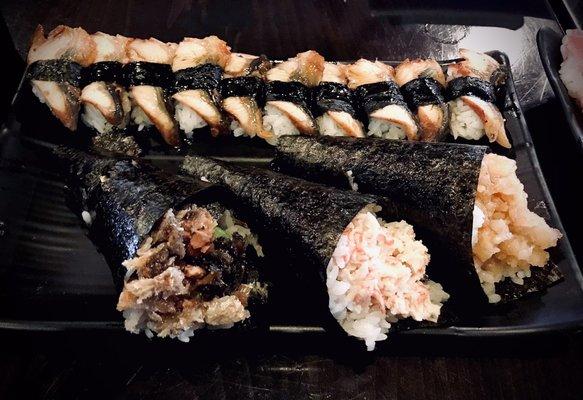 Unagi nigiri (back) Salmon Skin, Krab salad & Jason handrolls