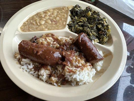 Tasso and sausage with greens and Lima beans