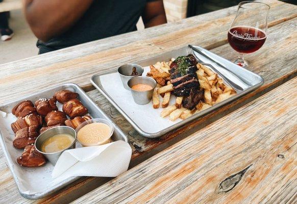 Pretzel bites, steak frites, blackberry crumbler