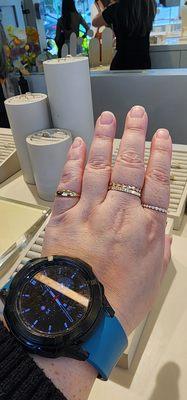 Index finger: Lace Diamond Middle top to bottom: Sculpture and Eternity Line Pinky: Slim Signet