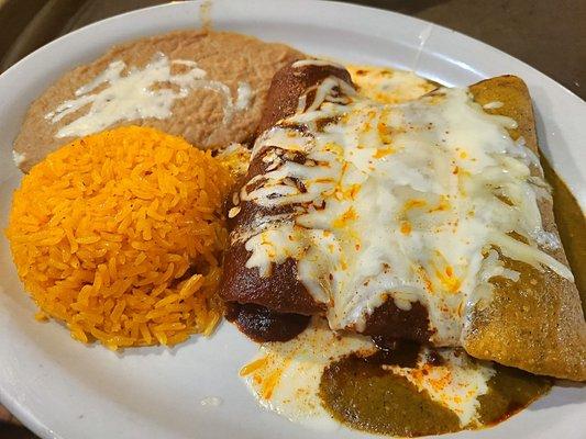 Chicken enchiladas - 2 with red sauce 1 with green - $17