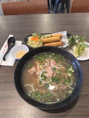 Rare beef Pho and Egg Rolls