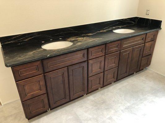 Our vanity looks amazing!  Thanks to the Tri-Stone team for helping us find the perfect slab.  Beautiful leather cut.