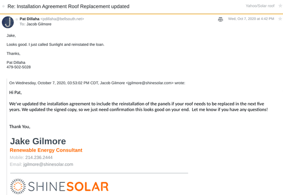 The lower part of this email was a promise by a Shine Solar employee that was not delivered.