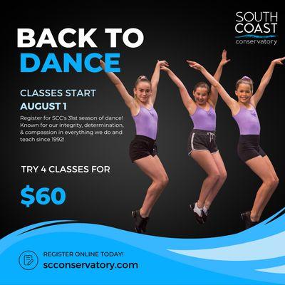 Enroll today for season 31 at South Coast Conservatory!
Classes start August 1st! 
Visit our website to learn about our many programs!