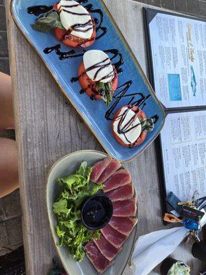 Caprese salad and a side of seared tuna