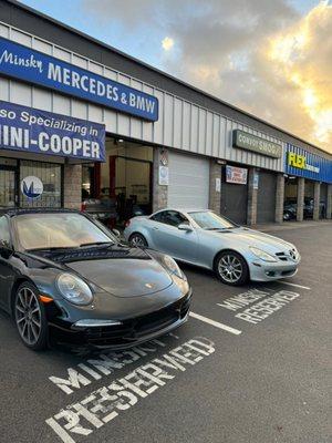 We are german cars specialist with a lot of happy Porsche owner's! On this photo we had a 2014 Porsche 911s and a 2004 Mercedes SLK 350.