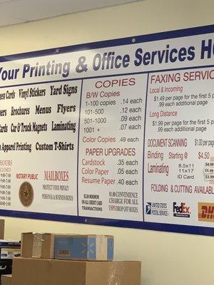 Faxing, laminating, signs, scanning, notary,...  Email address for printing, etc.