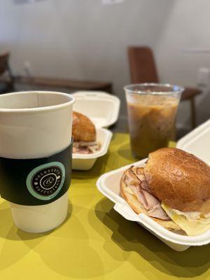 Breakfast of champions - ham, egg & cheese Breakfast Sandwich, lavender latte and a pour over