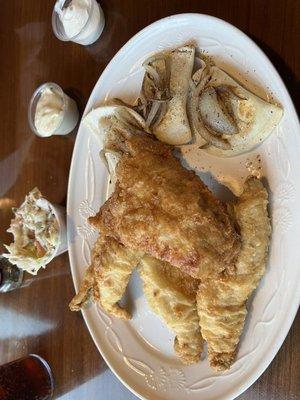 Walleye and yellow perch dinner with two of the three perch fillets substituted with an unknown type of fish. Definitely NOT yellow perch.