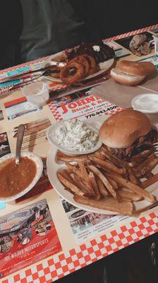 I got the pork thrift plate for $6 and he got the rib plate with onion rings. All good