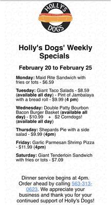 Here's our weekly dinner specials for February 20 to February 25, 2023