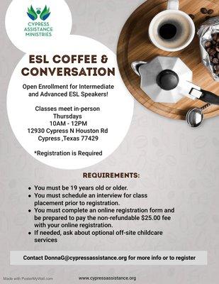 In-person Intermediate and Advanced ESL classes available with registration. Contact us for more information at info@cypressassistance.org