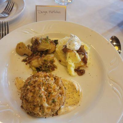 Crab cake, Brussel sprouts, and mashed potatoes with sour cream and caramelized onions.