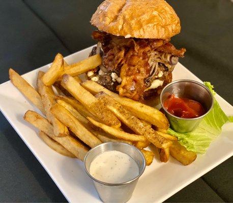 Bacon Bleu Cheese Burger with grilled onions.