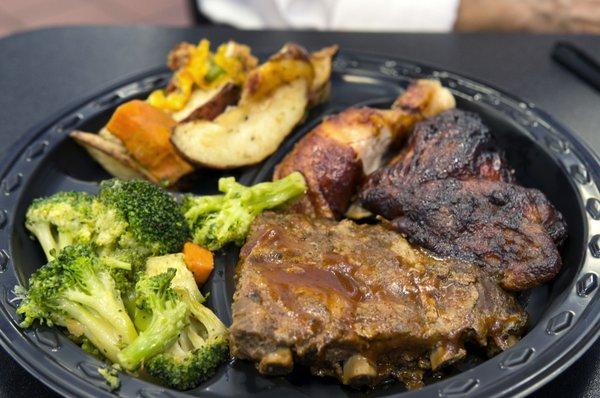 Quarter Ribs with Quarter Dark Chicken, with Steamed Vegetables and Loaded Potatoes