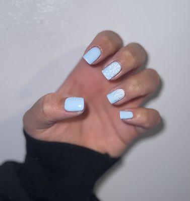 Gel mani with hard gel, snowflake on my middle finger and dripping snow on my ring finger done by Vivian, love her !