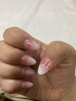 "ombre" pink and white. Still charged me full price for this catastrophe.